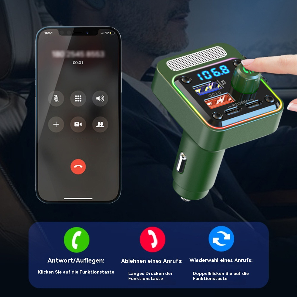 Ein Telefonbildschirm mit Anrufoberfläche und ein grünes Autoladegerät mit Knöpfen auf weißem Hintergrund.
