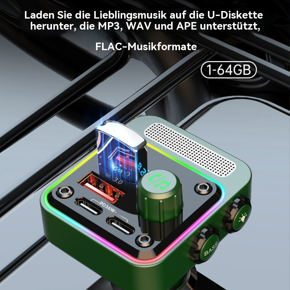 Ein grünes Gerät mit Bildschirm, Ladeanschlüssen und Text.