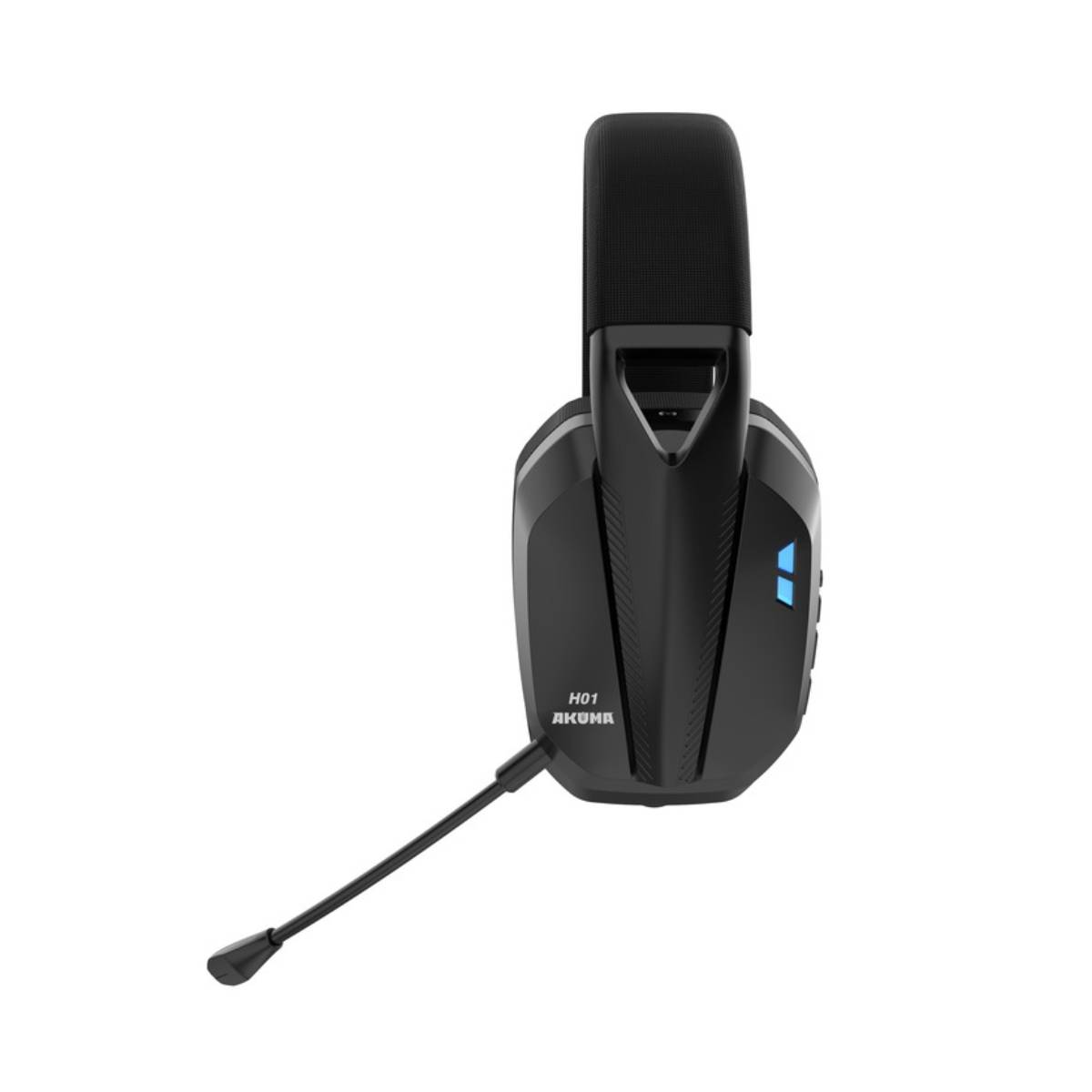 Schwarzes Headset mit Mikrofon. Das Headset ist schwarz. Weißer Hintergrund.