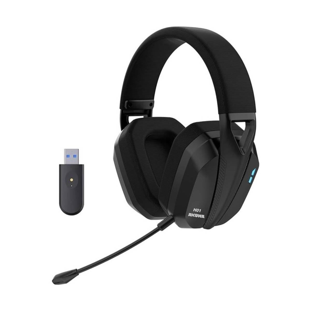 Schwarzes Headset mit USB-Empfänger links. Das Headset hat ein Mikrofon.