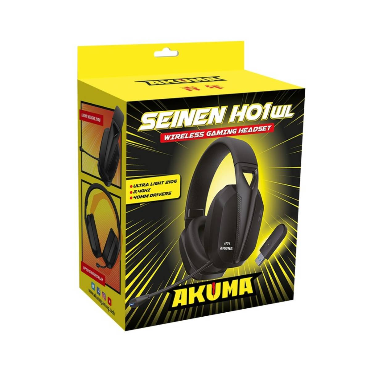 Eine Headset-Box mit einem Headset und einem USB-Empfänger rechts.