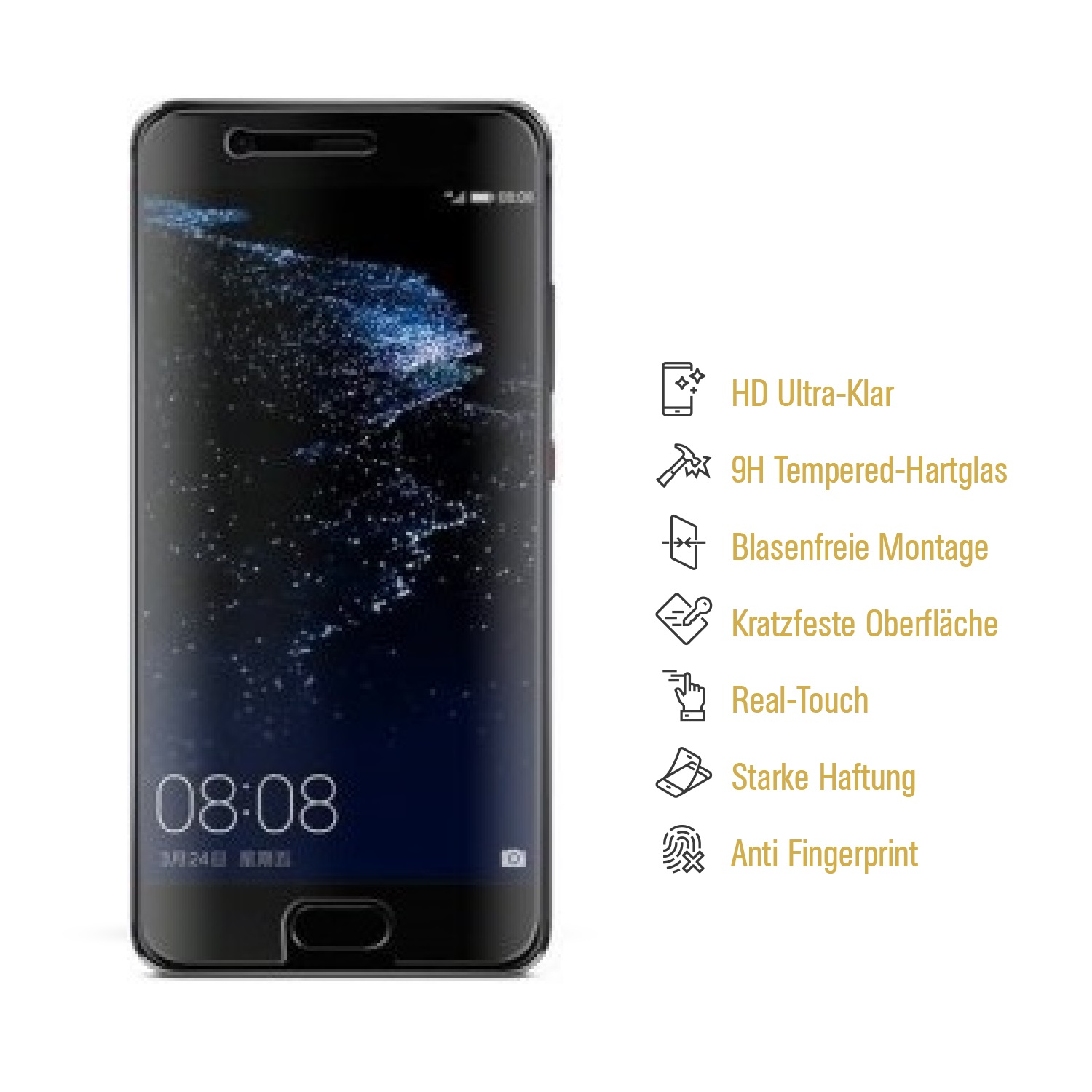 Schwarzes Telefon mit Displayschutzfolie und Symbolen. Rechte Seite hat Symbole, linke Seite hat Telefonbildschirm.