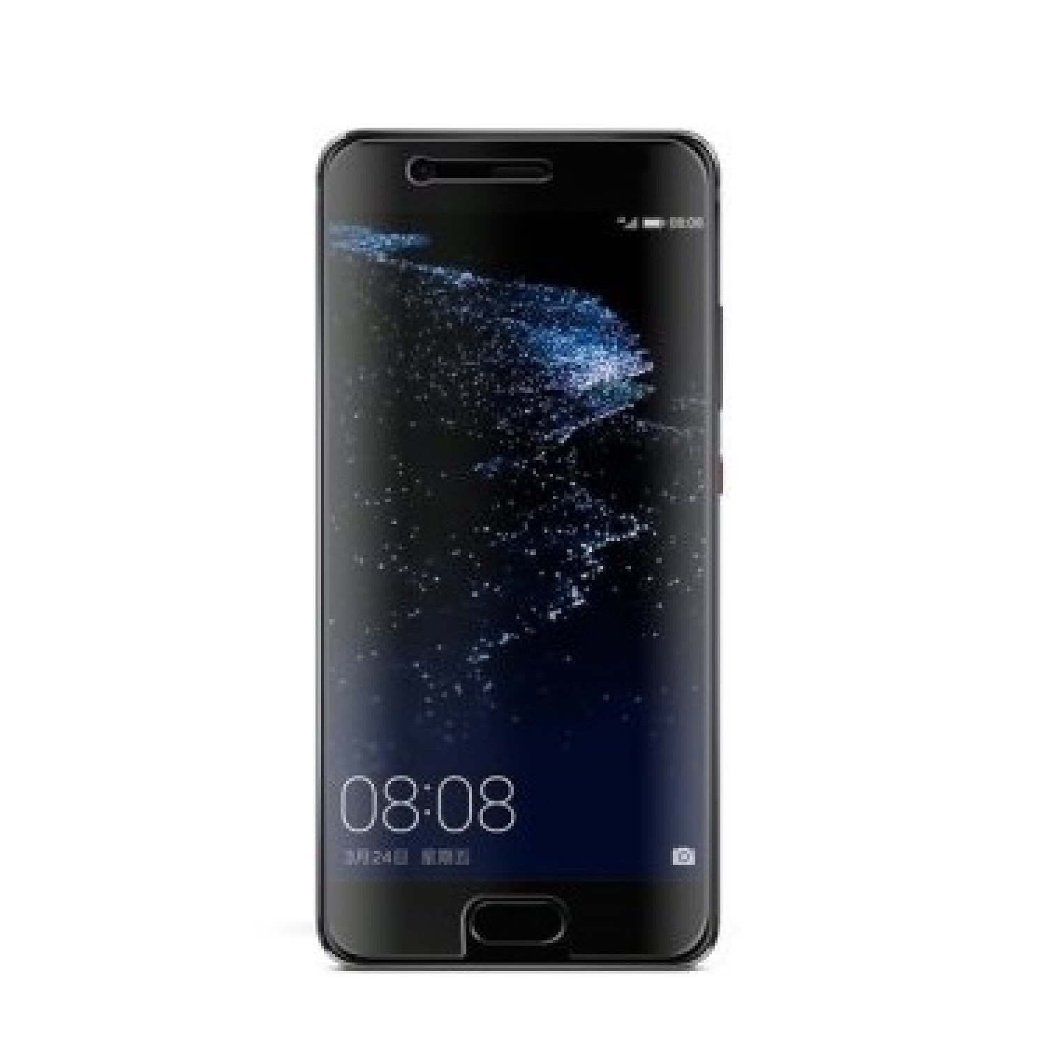 Ein schwarzes Smartphone, das die Uhrzeit 08:08 anzeigt. Das Telefon hat einen schwarzen Bildschirm.