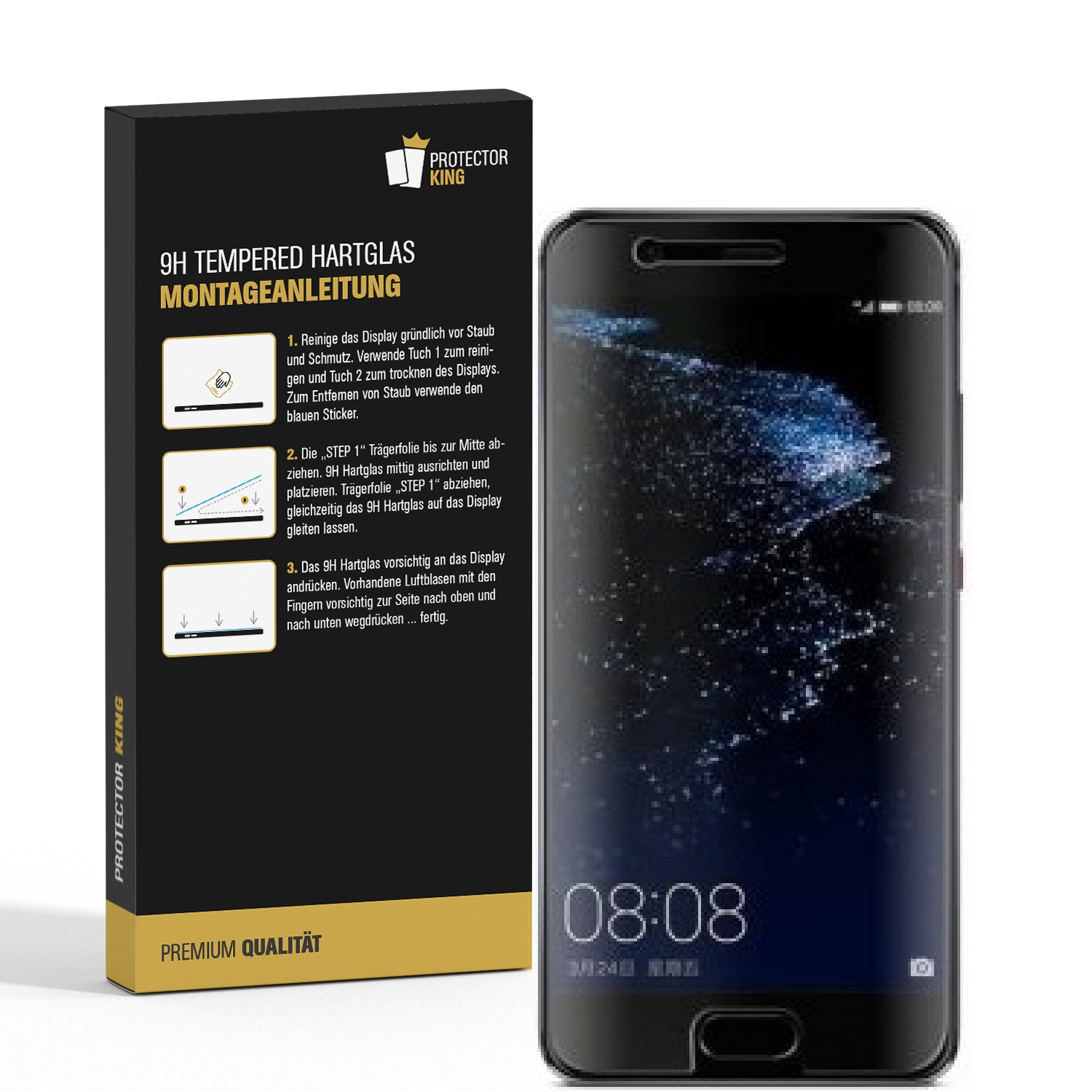 Telefon mit einer Displayschutzfolienbox. Die Box enthält Anweisungen und das Telefon.