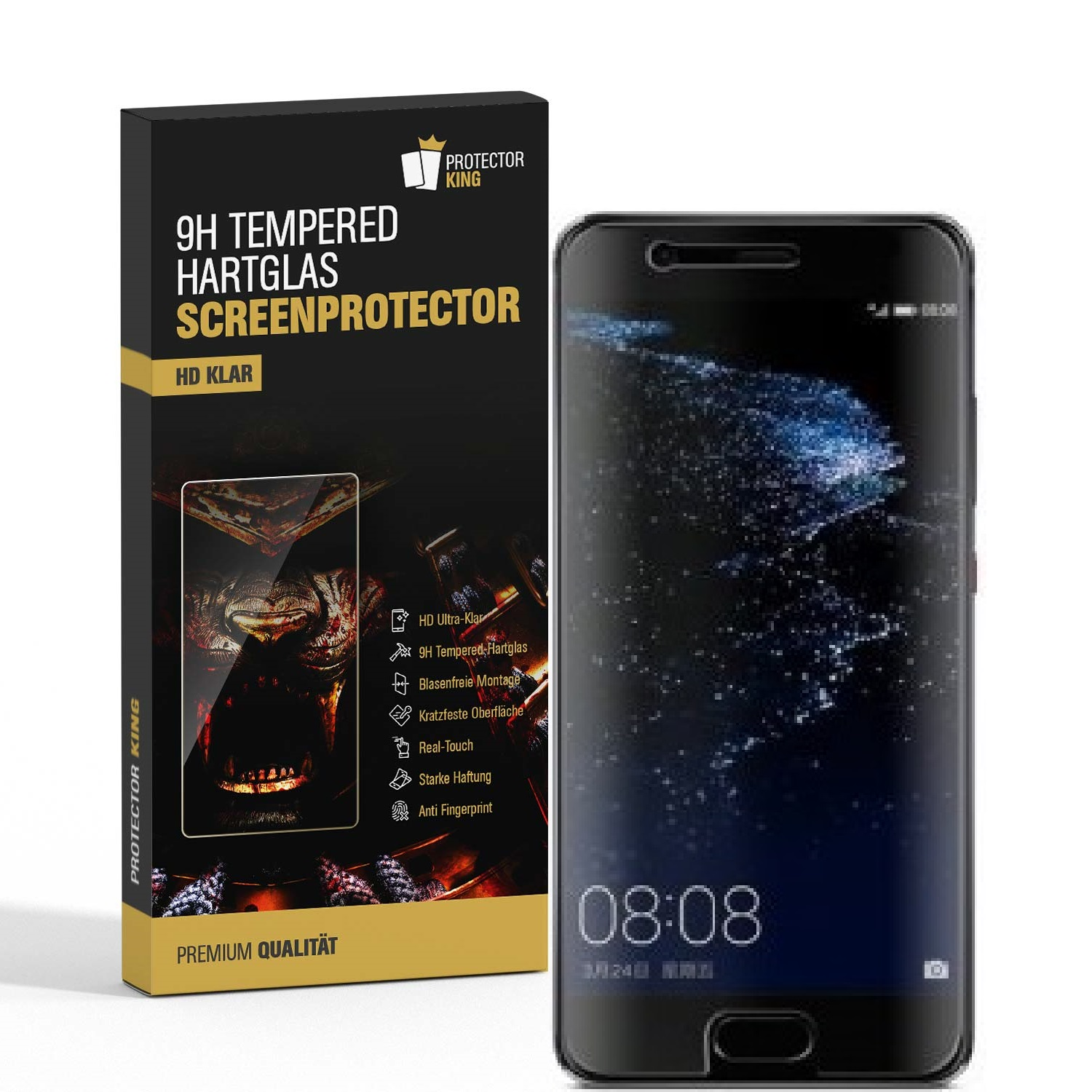 Schachtel und Smartphone. Die Schachtel zeigt ein Telefon. Das Telefon hat eine Schutzfolie.