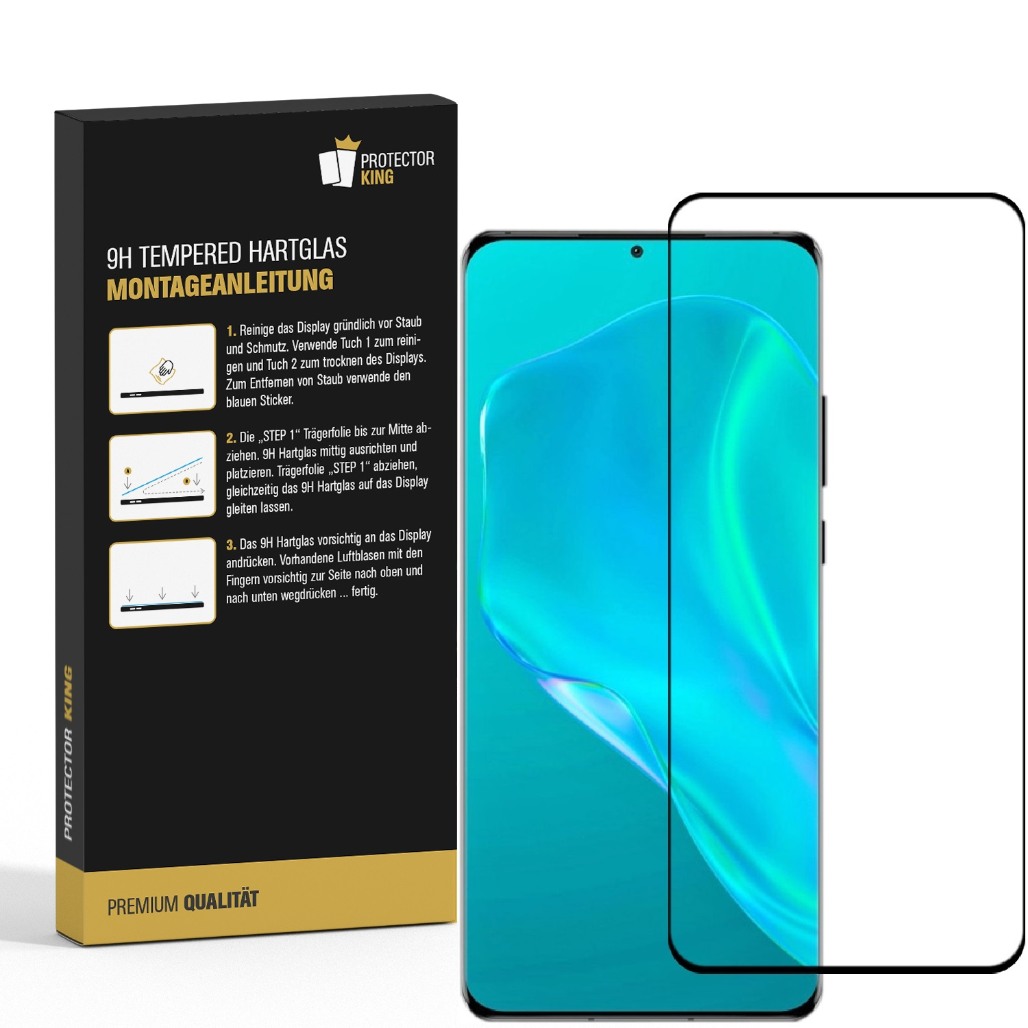 Telefon mit Displayschutzfolienbox. Die Box enthält Anweisungen und das Telefon.