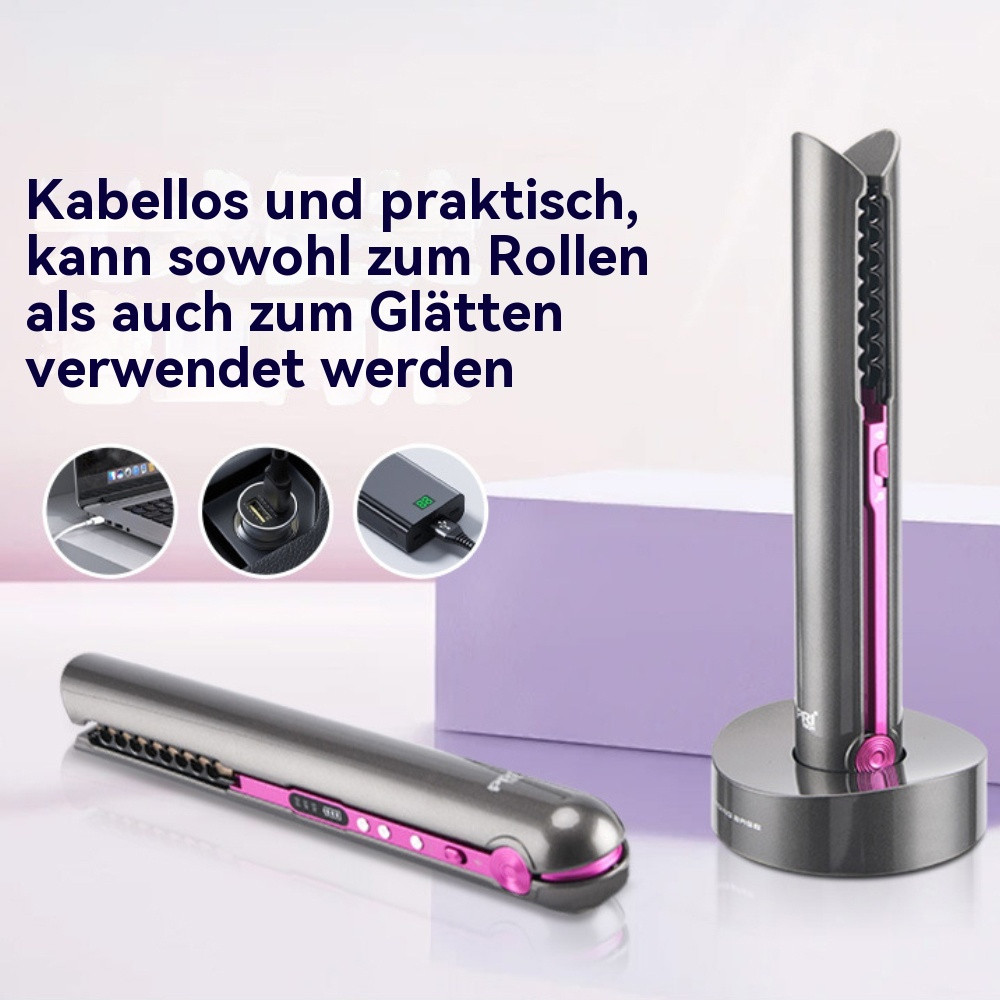 Haarglätter und Ladestation auf hellem Hintergrund, mit Text.