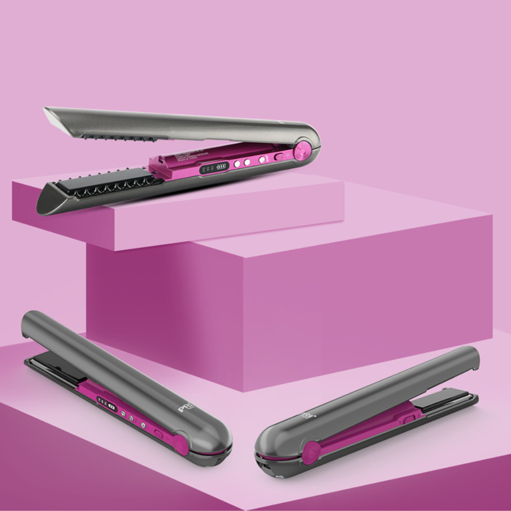 Graues und pinkfarbenes Glätteisen auf einer pinkfarbenen Plattform. Zwei weitere befinden sich darunter.