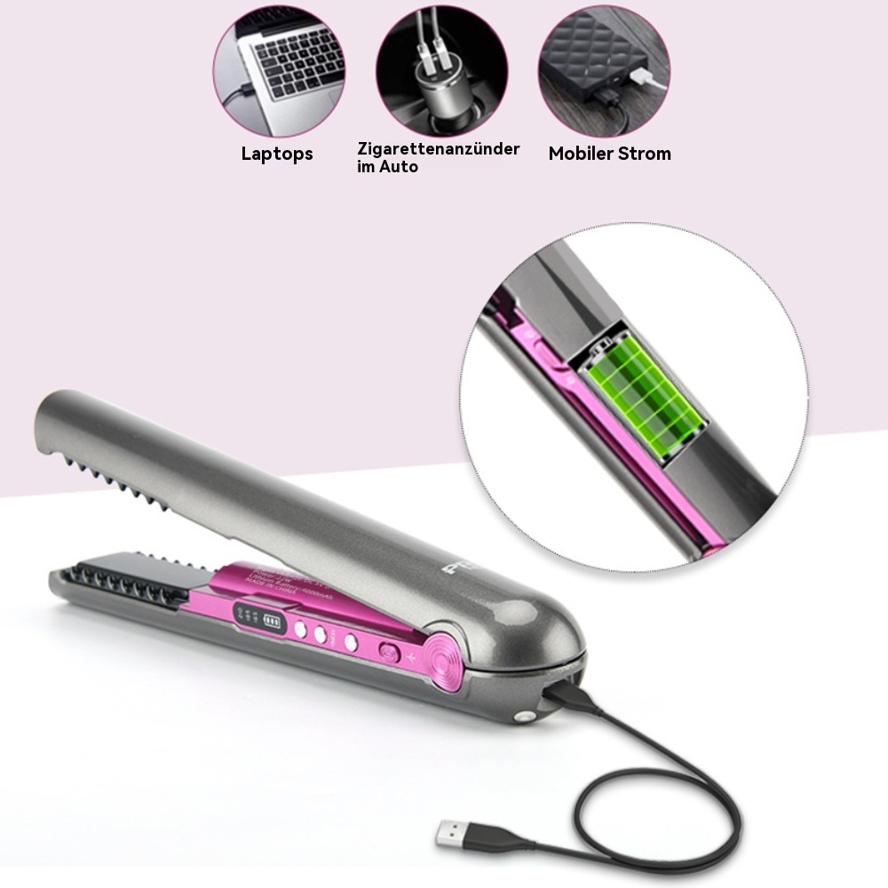 Ein Glätteisen mit Lademöglichkeiten von Laptop, Autoladegerät und Powerbank. Das Glätteisen ist pink und grau.
