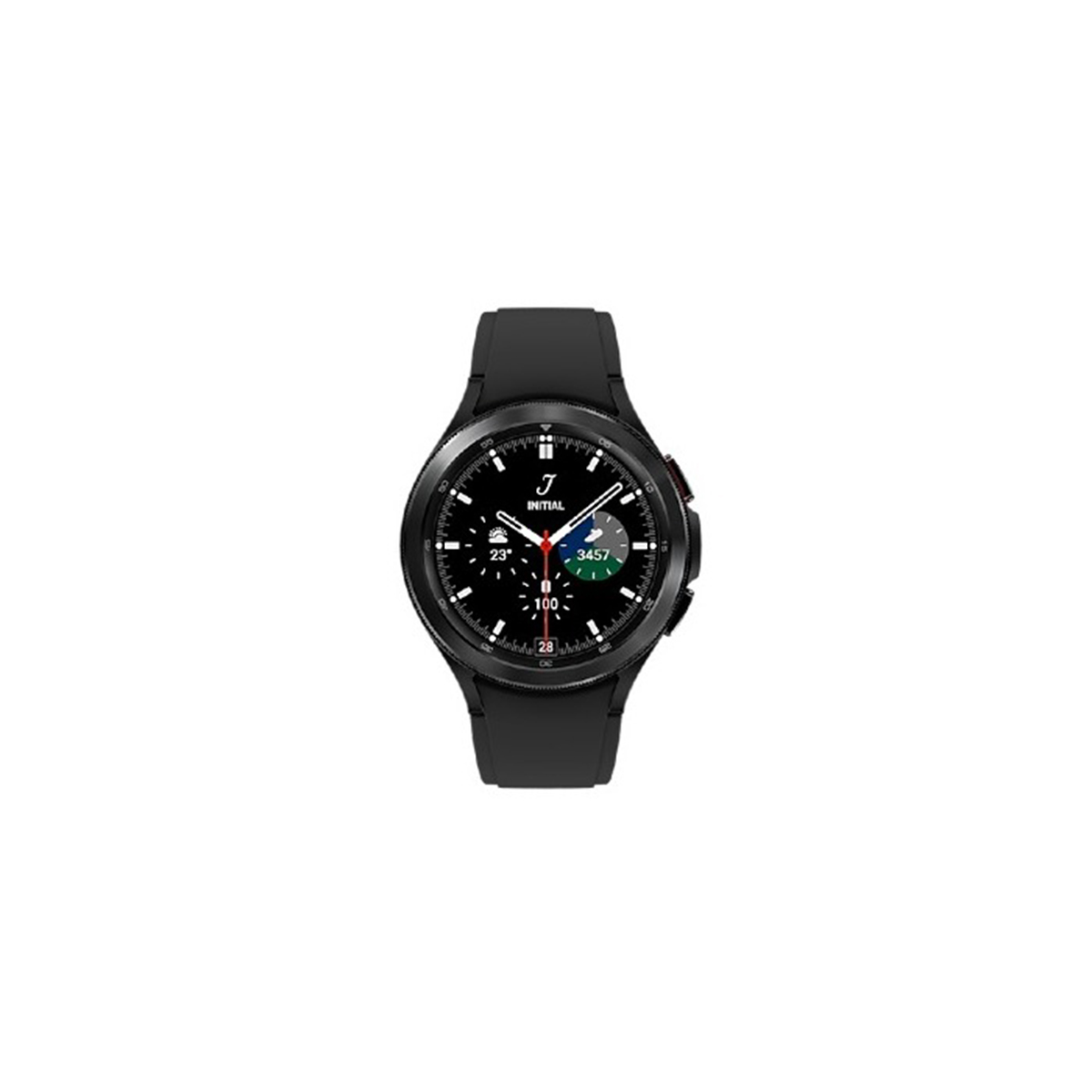 Uno smartwatch nero con quadrante rotondo e cinturino nero. Il quadrante mostra l'ora e altri dati.