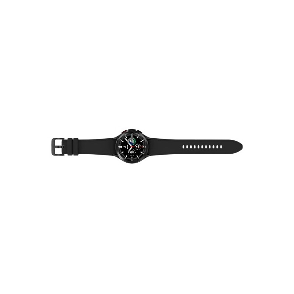 Smartwatch nero con cinturino nero, l'orologio è appoggiato su una superficie bianca.