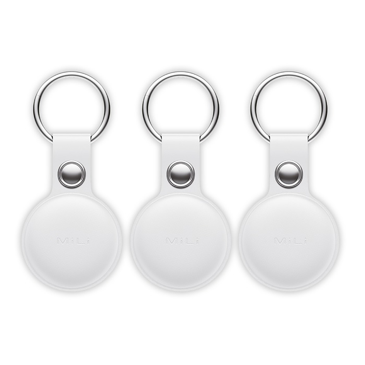 Tre portachiavi bianchi con un design circolare e un anello argentato. Sono etichettati con la parola 'MiLi'.