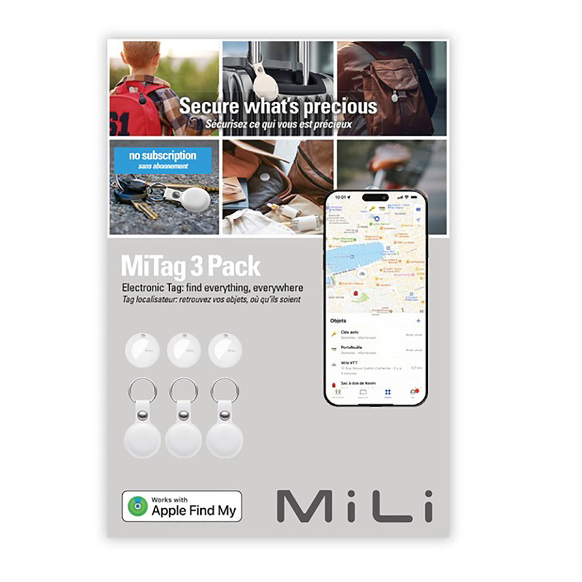 Un'immagine promozionale con un pacchetto MiLi MiTag 3 con un telefono, una mappa e vari oggetti con i tag.