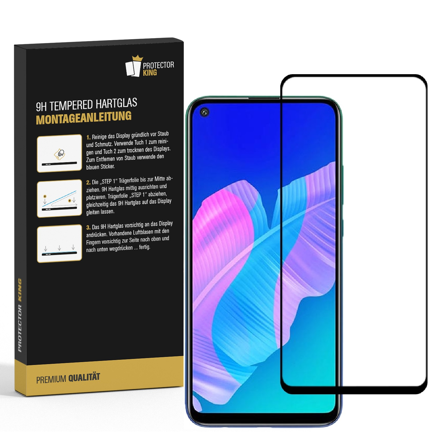 Ein Smartphone mit angebrachter Displayschutzfolie, mit einer Box, die Anweisungen zur Installation enthält.