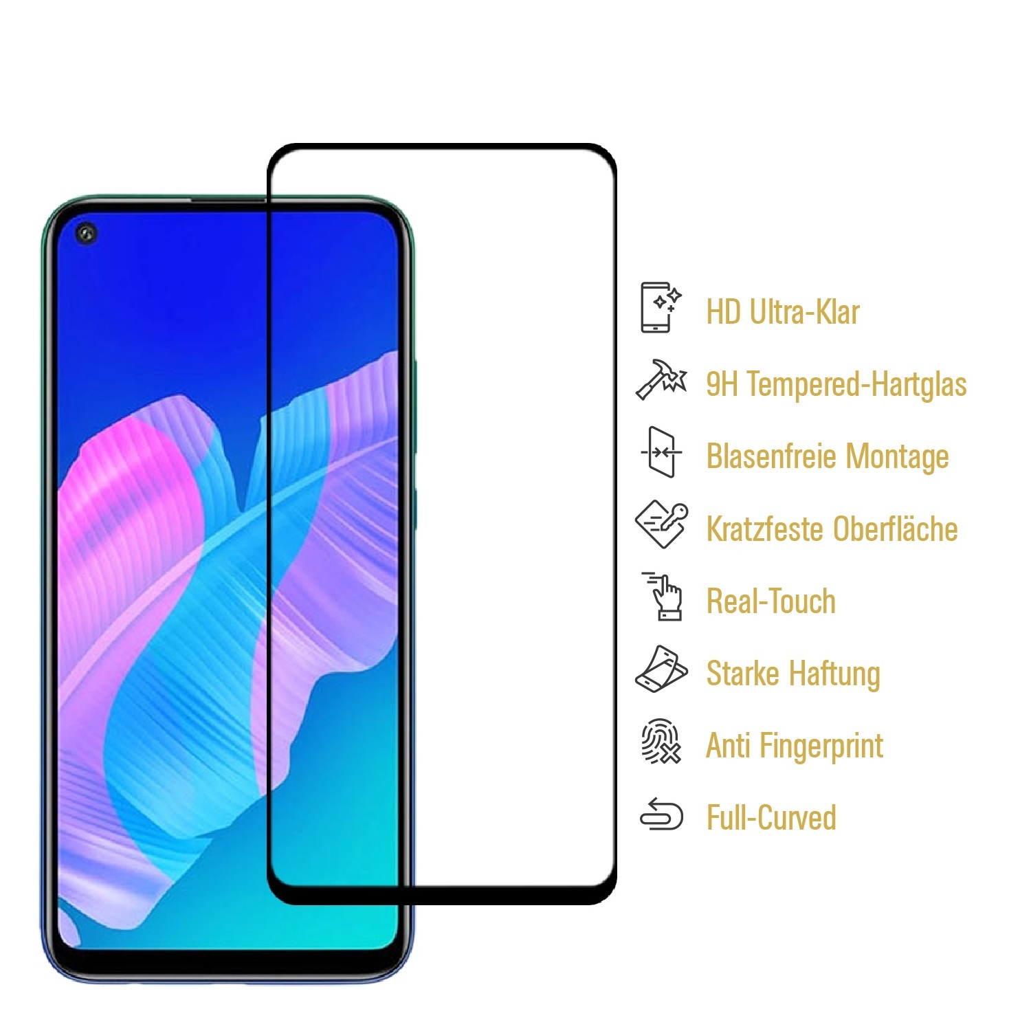 Ein Smartphone mit angebrachter Displayschutzfolie, mit Symbolen, die Funktionen anzeigen: HD, Anti-Fingerabdruck.