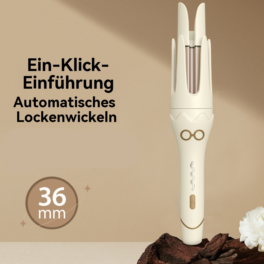 Ein automatischer Lockenwickler mit deutschem Text. Er ist weiß mit goldenen Akzenten und sitzt auf Holz.