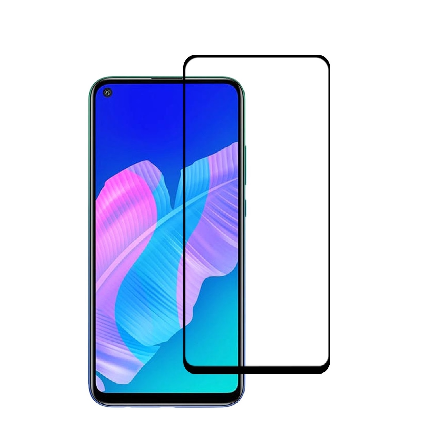 Ein Telefon mit blauem Bildschirm und schwarzem Displayschutz daneben. Der Schutz ist transparent.
