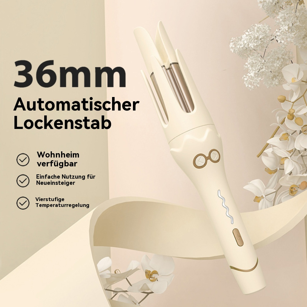 Ein automatischer Lockenstab mit beigem Griff und goldenen Akzenten, mit Funktionen: Heimgebrauch, einfach für Anfänger.