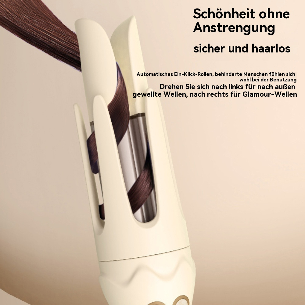 Ein automatischer Lockenwickler mit deutschem Text und braunen Locken. Er ist weiß und goldfarben.