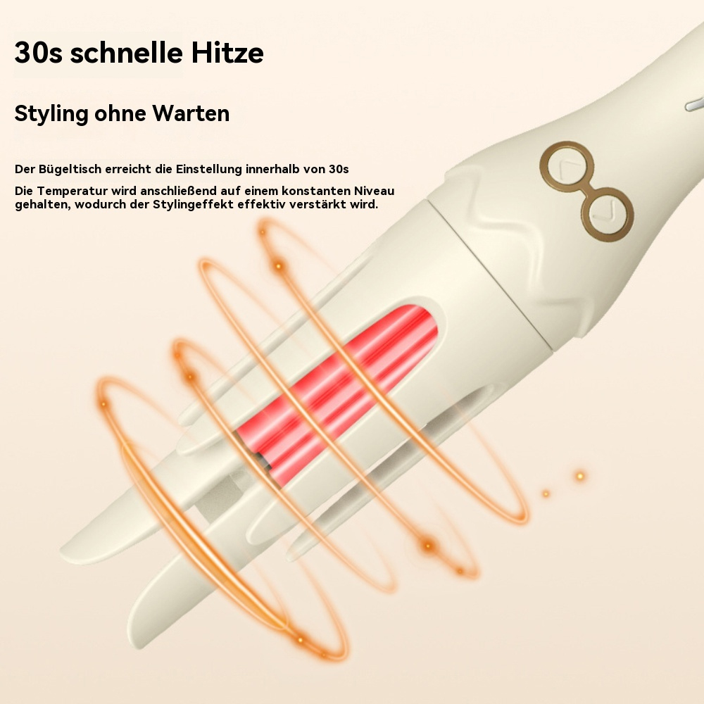 Ein automatischer Lockenwickler mit roter Hitze und goldenem Design. Der Text ist auf Deutsch.
