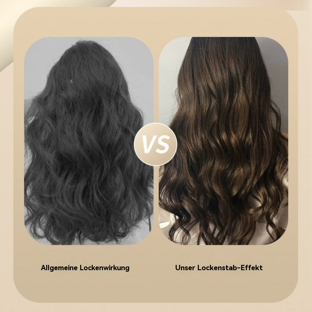 Vorher-Nachher-Bilder von Haaren, die mit einem Lockenstab gestylt wurden, zeigen einen Kontrast in der Lockendefinition.