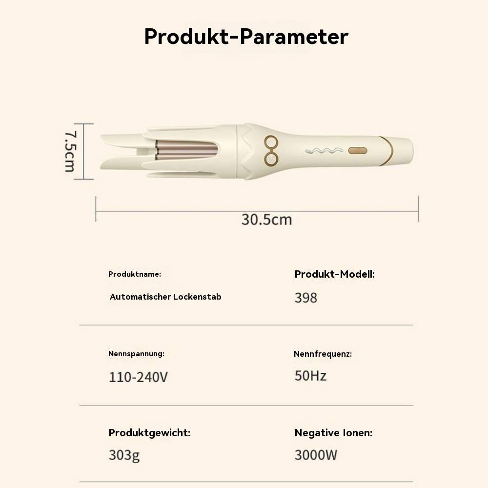 Draufsicht auf einen Lockenstab mit Maßangaben. Text beschreibt Produktname, Modell, Spannung und andere Spezifikationen.