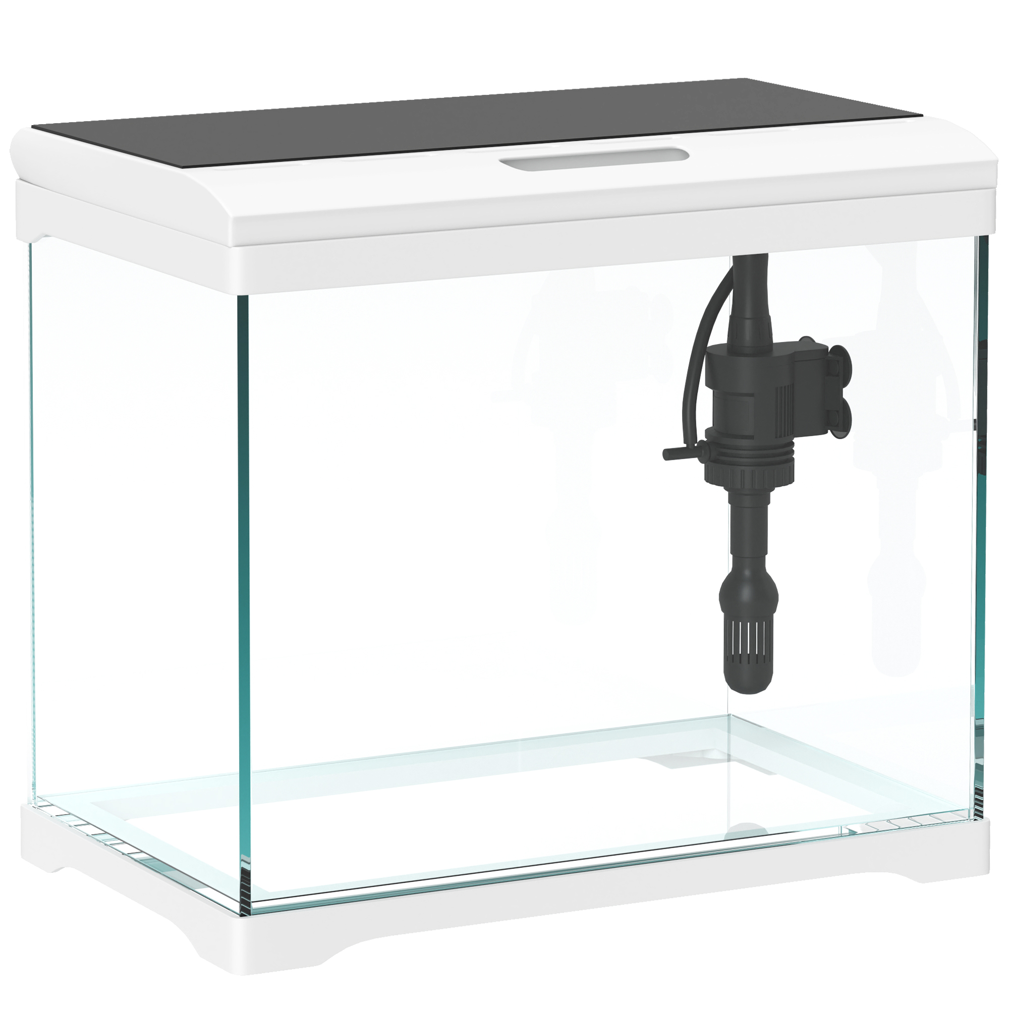 Ein rechteckiges Aquarium mit schwarzem Deckel und schwarzem Filter im Inneren. Es steht auf einem weißen Sockel.