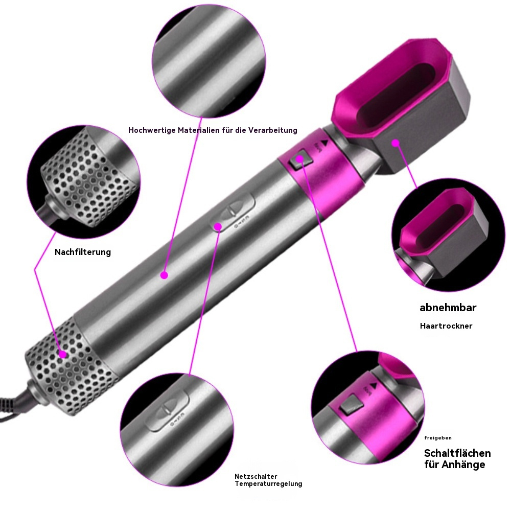 Ein silberner und pinkfarbener Haartrockner mit beschrifteten Teilen. Es wird mit Diagrammen gezeigt.