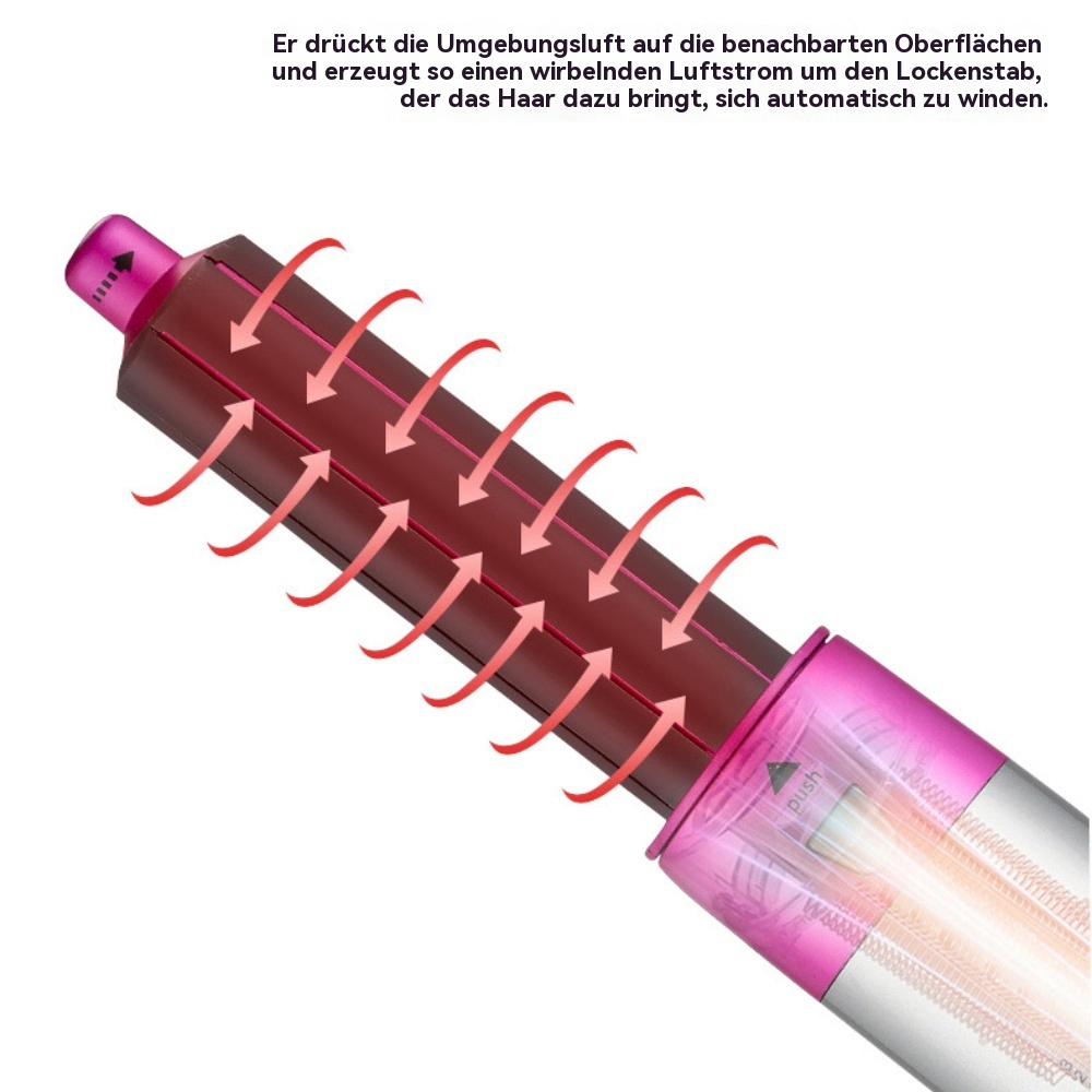 Nahaufnahme eines Lockenstabs mit Pfeilen, die den Luftstrom darstellen und erklären, wie sich das Haar lockt.