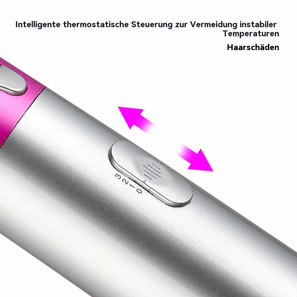 Nahaufnahme einer Taste eines Haarstyling-Geräts, mit rosa Pfeilen. Text deutet auf intelligente Temperaturkontrolle hin.
