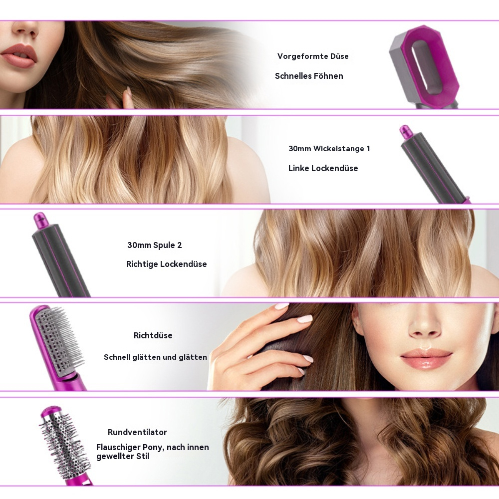Eine Collage verschiedener Frisuren, die mit einem Haarstyling-Tool und verschiedenen Aufsätzen erstellt wurden.