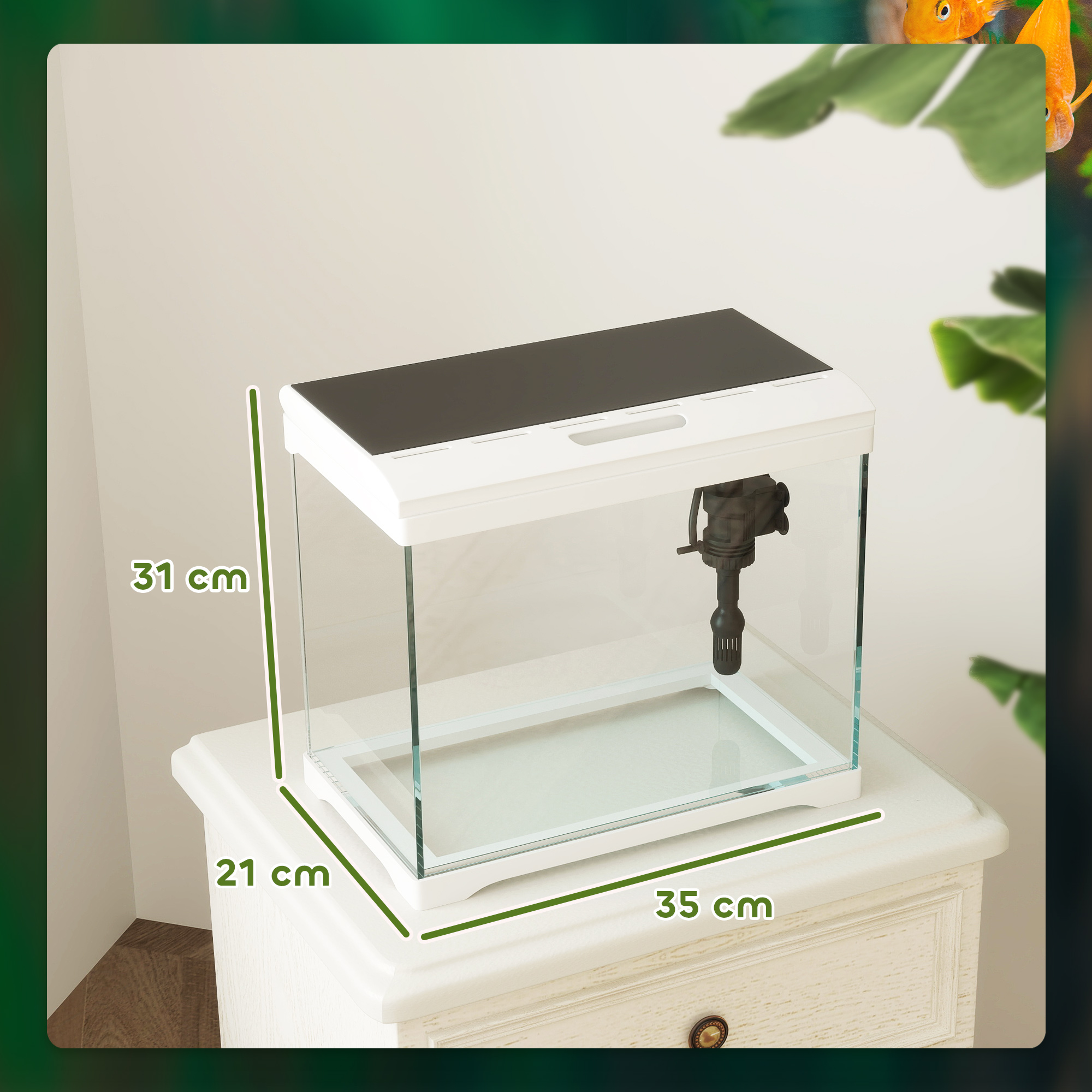 Kleines weißes Aquarium auf einem weißen Schrank. Abmessungen sind angegeben. Schwarze Oberseite, weißer Rahmen.