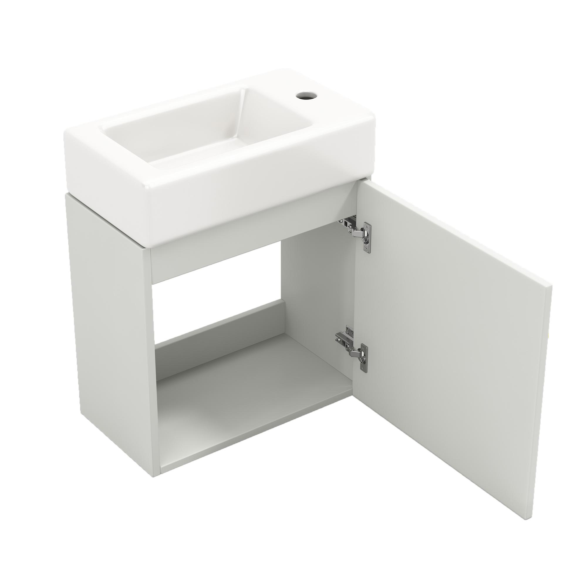 Weißer Waschtischunterschrank mit geöffneter Tür, die einen weißen Innenraum zeigt. Der Hintergrund ist weiß.