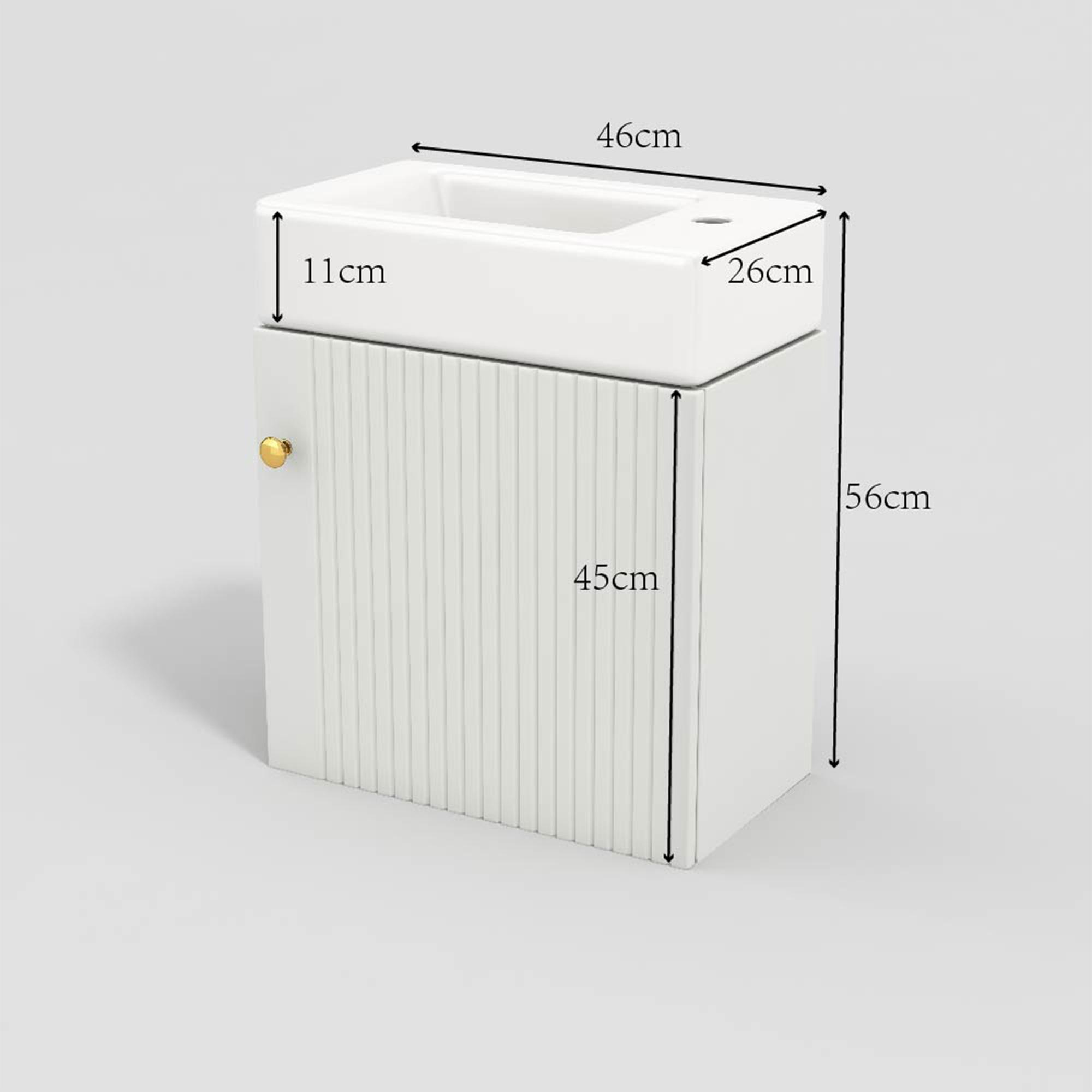 Weißer Badezimmer-Waschtisch mit rechteckigem Waschbecken, goldenem Knopf und vertikaler Rippentür. Maße gezeigt.