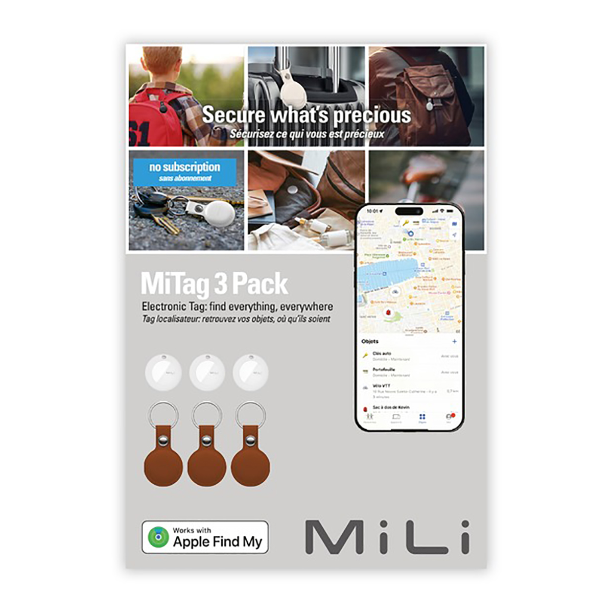 MiTag 3 pack con Apple Find My. Tag bianchi, cinturini in pelle marrone e una mappa su un telefono.