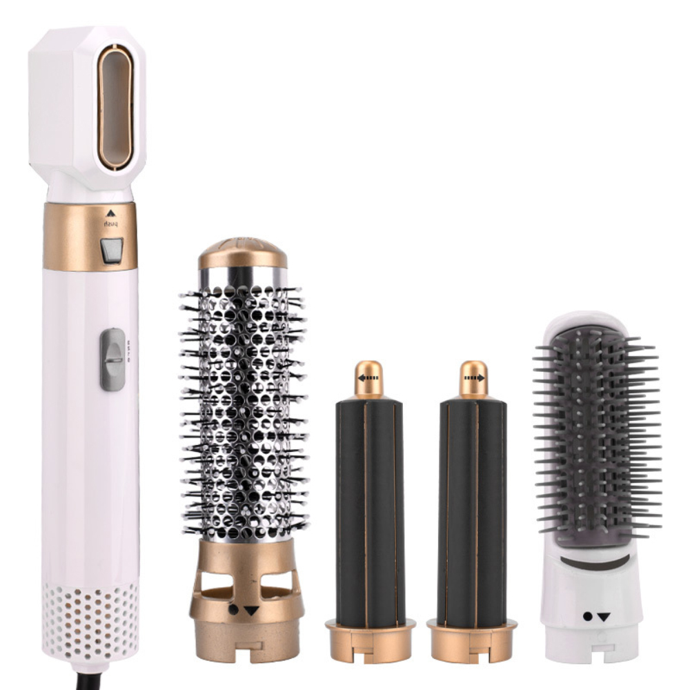 Haarstyling-Werkzeug mit mehreren Aufsätzen. Verfügt über ein weißes und goldenes Farbschema.