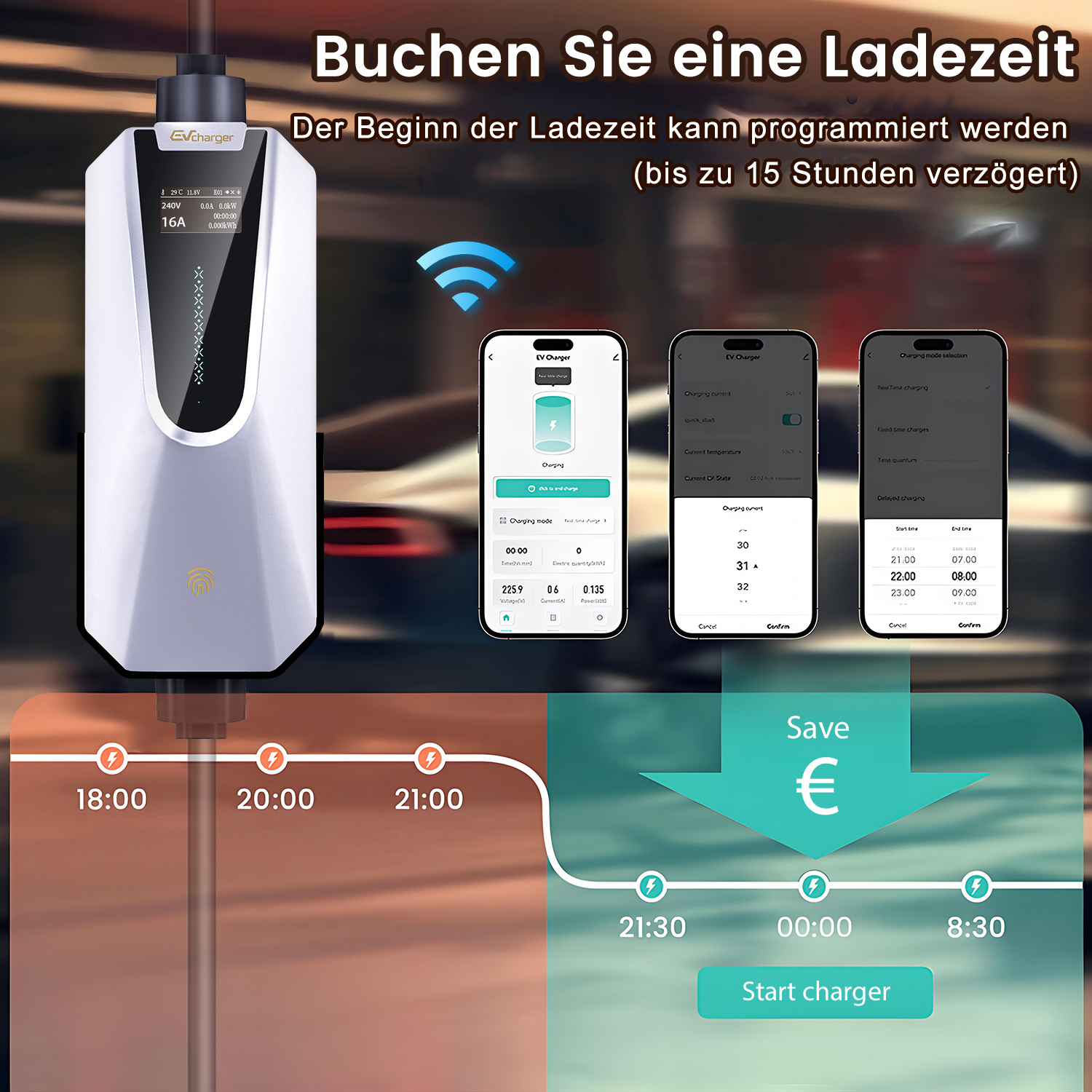 EV-Ladegerät, Smartphone-Bildschirme und eine Sparübersicht. Das Ladegerät ist weiß und hat ein Kabel.