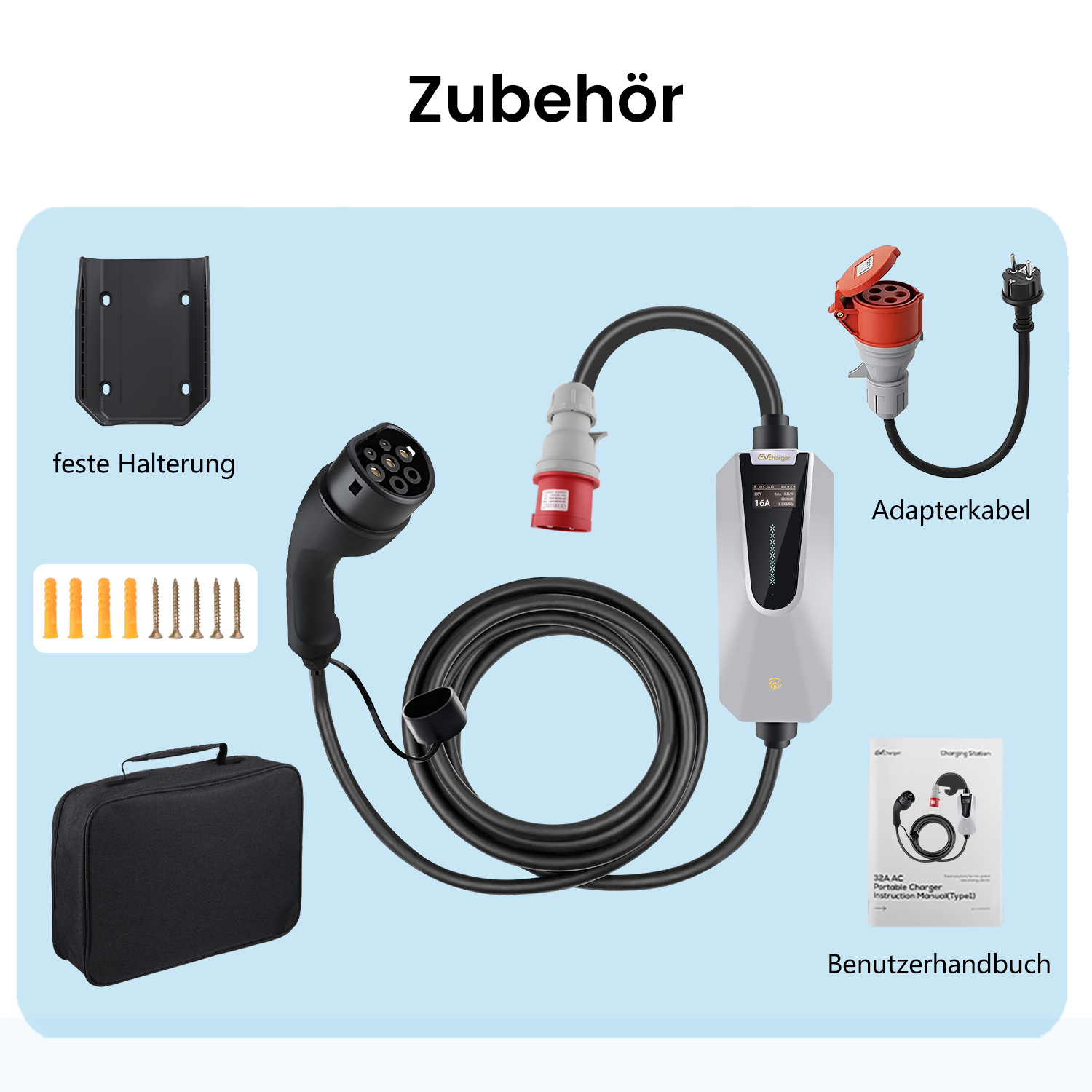 EV-Ladegerät mit Zubehör, einschließlich Halterung, Adapterkabel und Benutzerhandbuch. Weißes Gerät.