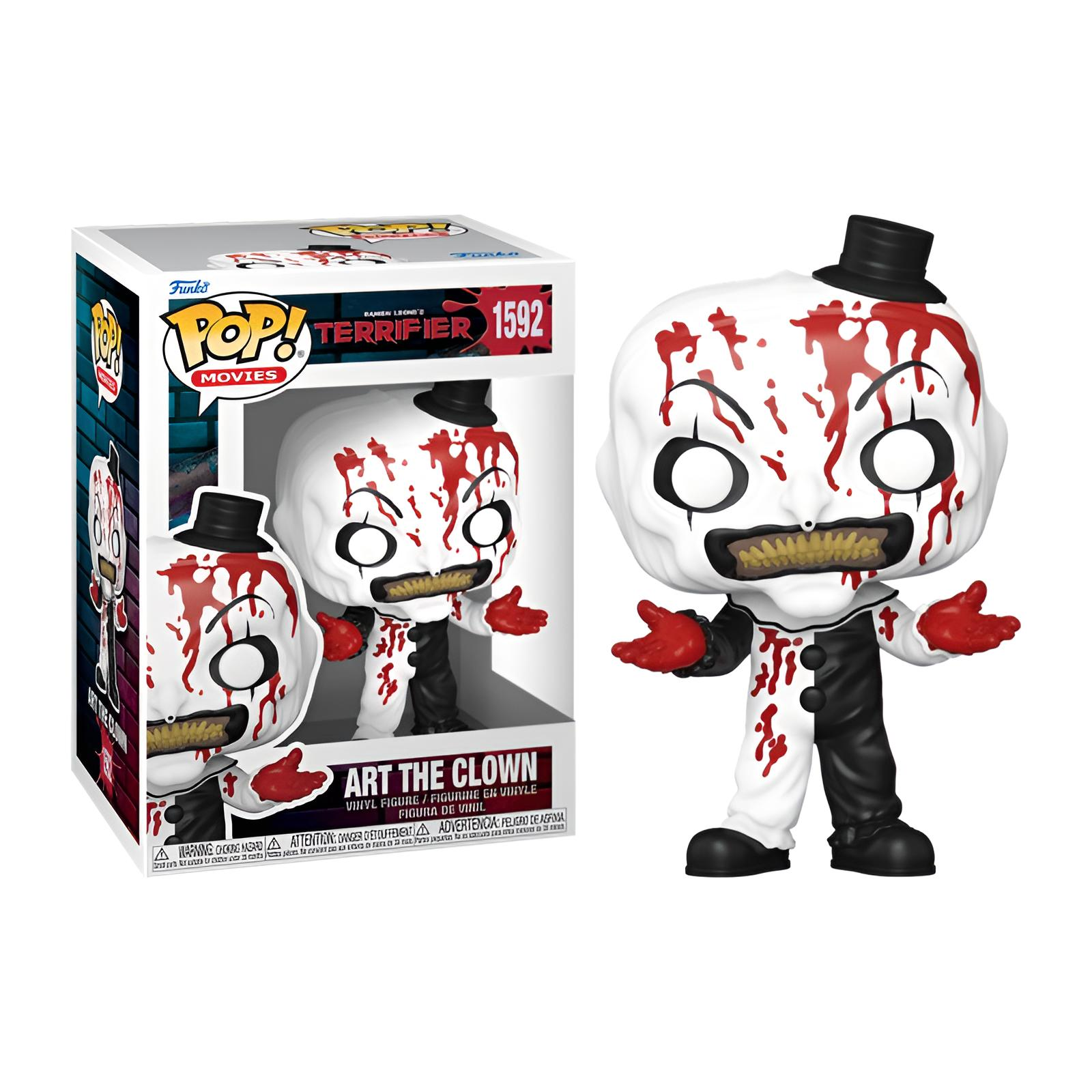 Eine Funko Pop Figur eines Horror-Clowns mit weißem Gesicht, roten Blutdetails und einem schwarzen Zylinder.