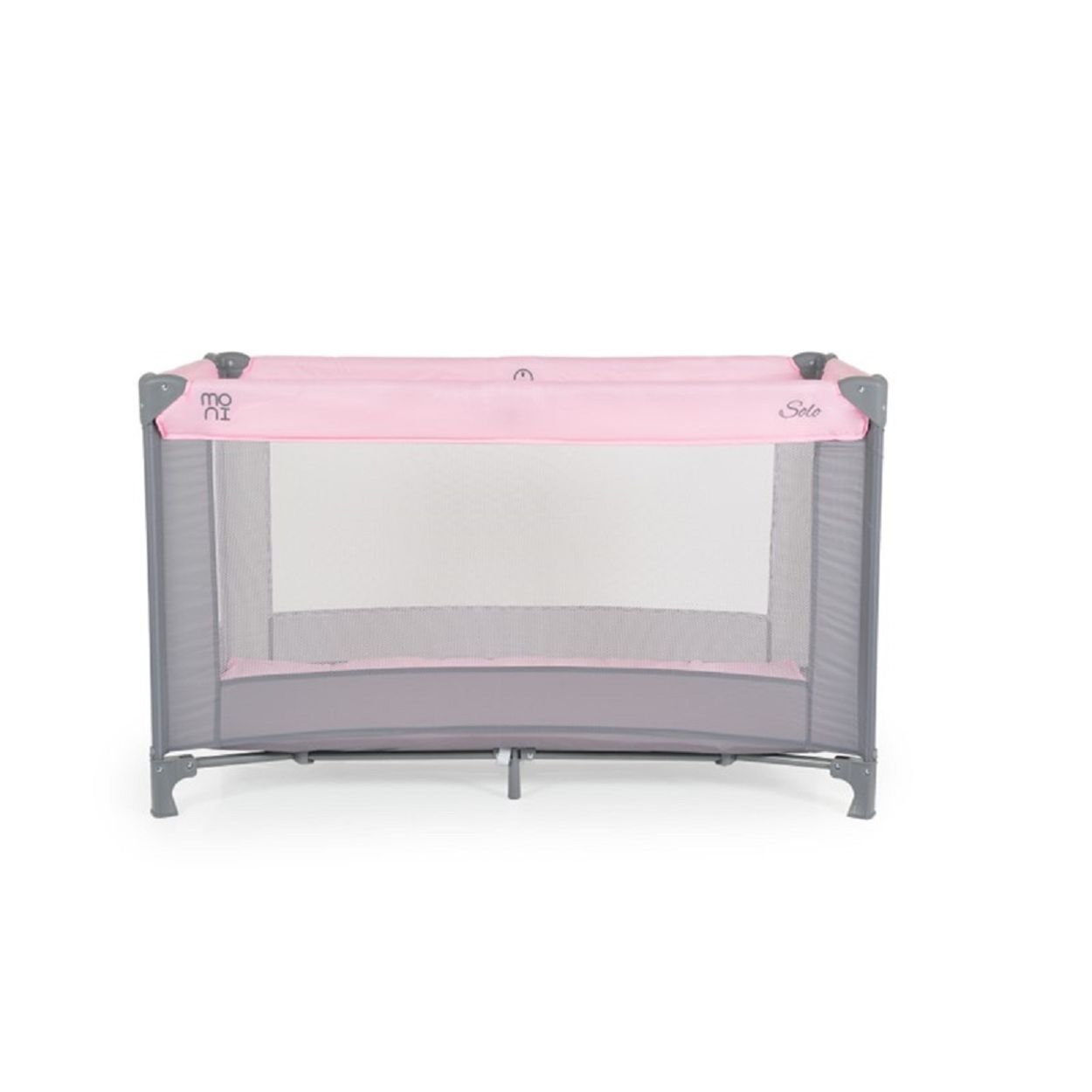 Rosa-grauer Laufstall für Babys. Er hat eine Netzseite und ein rosa Verdeck.