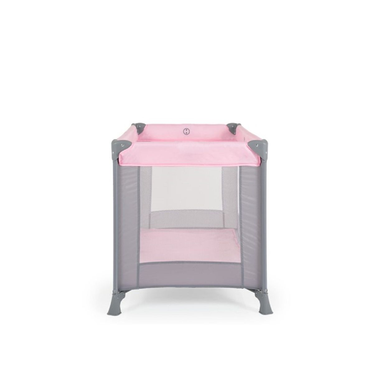 Ein rosa-grauer Laufstall für Babys. Er hat eine Netzseite und ein rosa Verdeck.