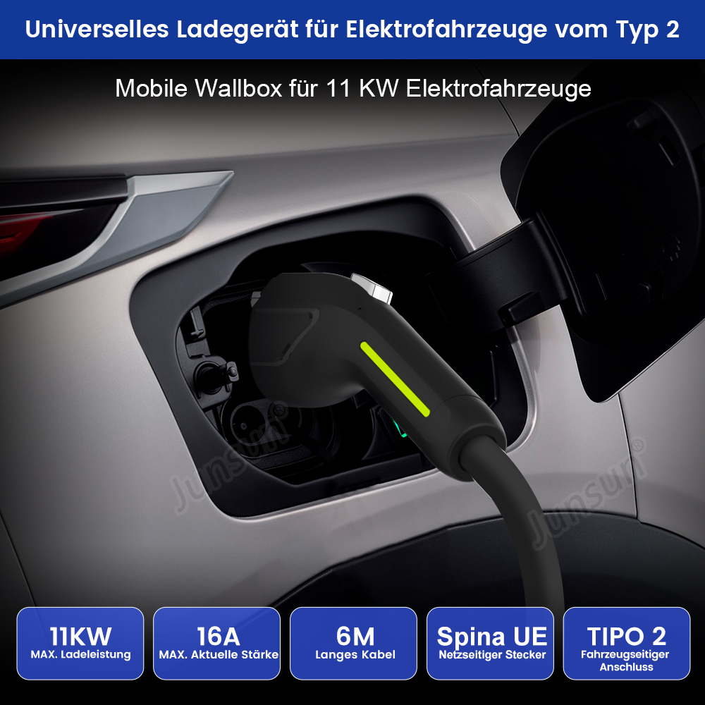 Ein Ladekabel, das an ein Auto angeschlossen ist. Das Kabel ist an den Ladeanschluss des Autos angeschlossen.