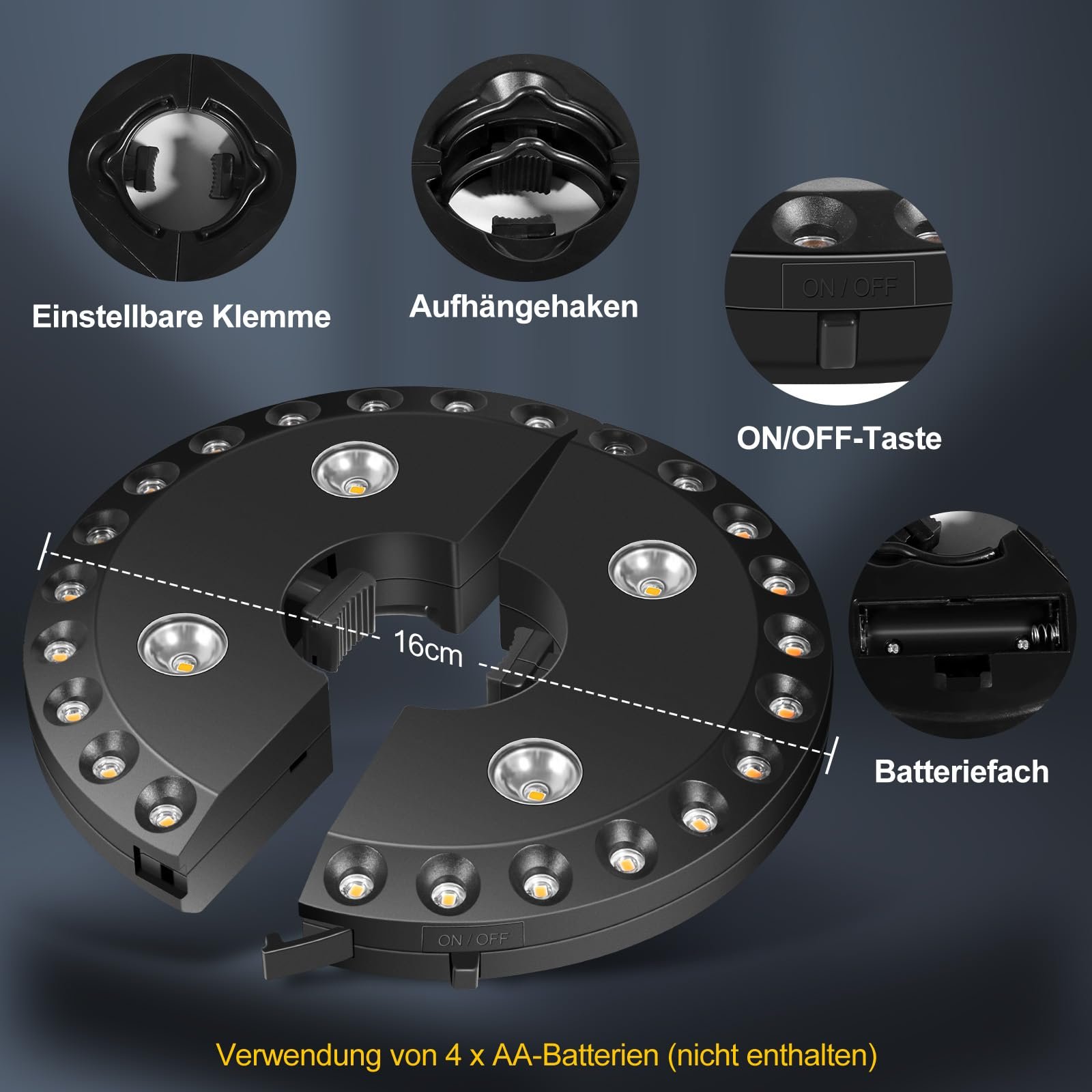 Ein kreisförmiges LED-Licht für einen Sonnenschirm. Detailliert die Funktionen des Lichts, einschließlich Batteriefach.