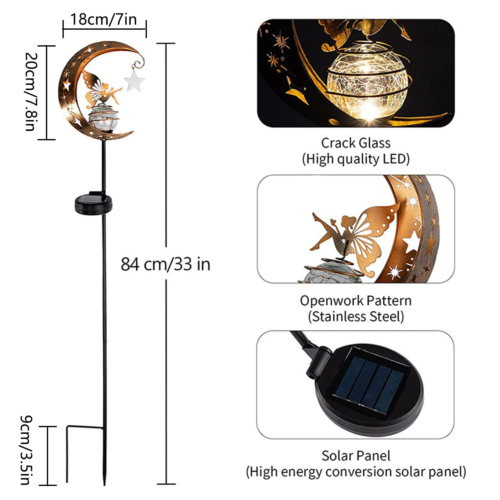 Diagramm mit den Abmessungen des Gartensteckers. Mond-, Stern-, Feen- und Kugeldesign. Solarpanel unten.