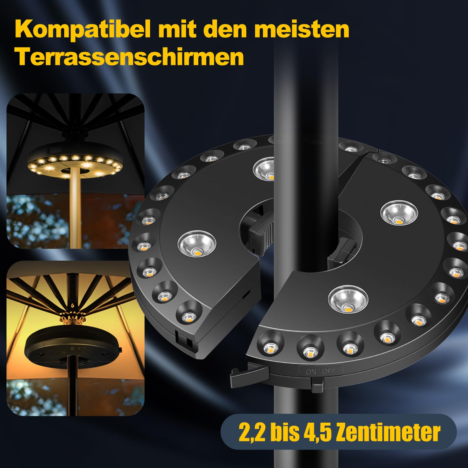 Ein kreisförmiges LED-Licht für einen Sonnenschirm. Zeigt das Licht zusammen mit einigen Funktionen und Abmessungen.