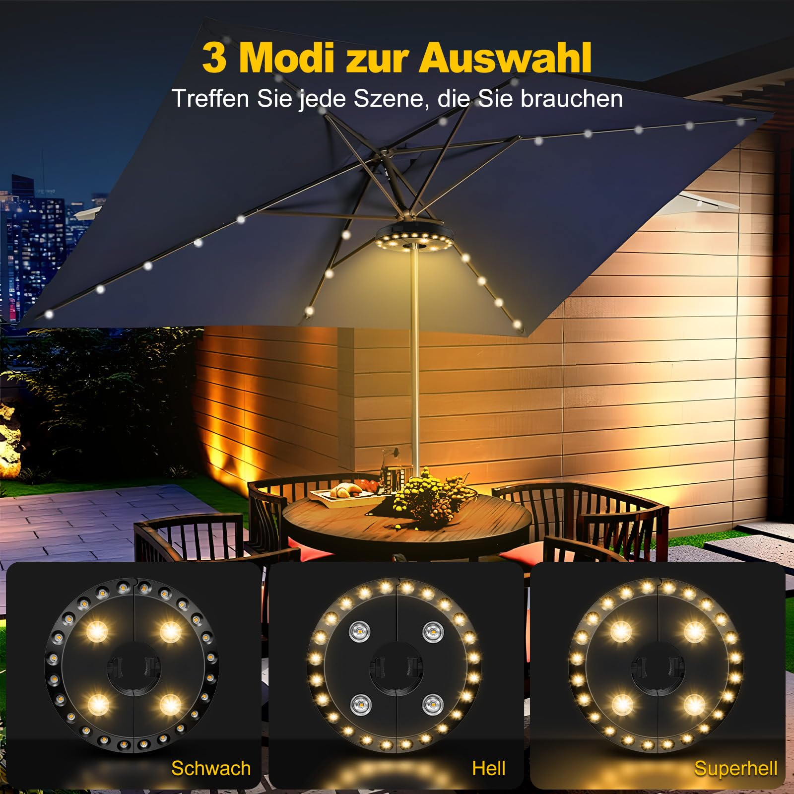Drei Beleuchtungsmodi, die an einer Sonnenschirmlampe gezeigt werden. Jeder Modus hat eine unterschiedliche Lichtintensität.