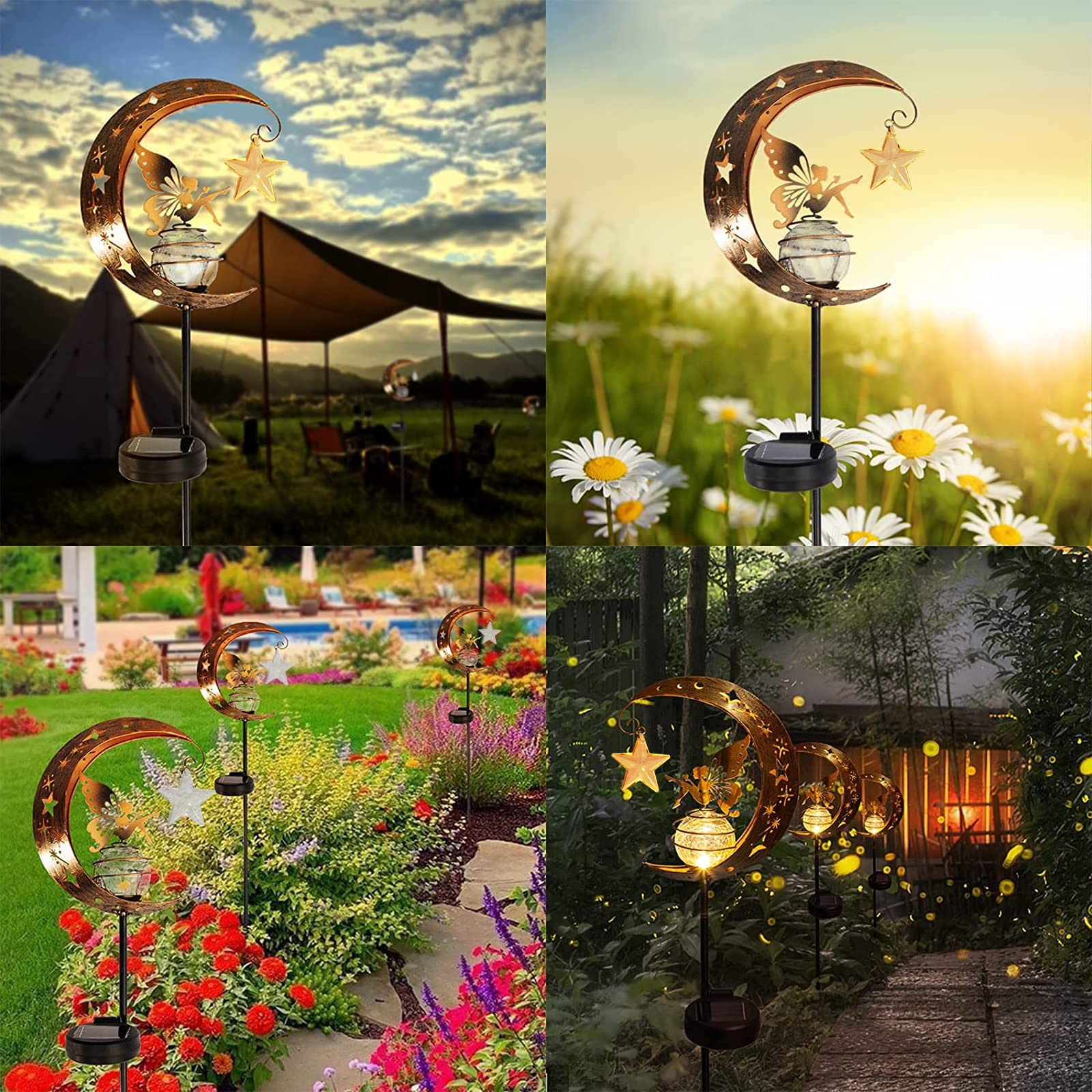 Vier Außenszenen mit Gartenleuchten. Jede hat ein Mond- und Sterndesign mit einer Fee.