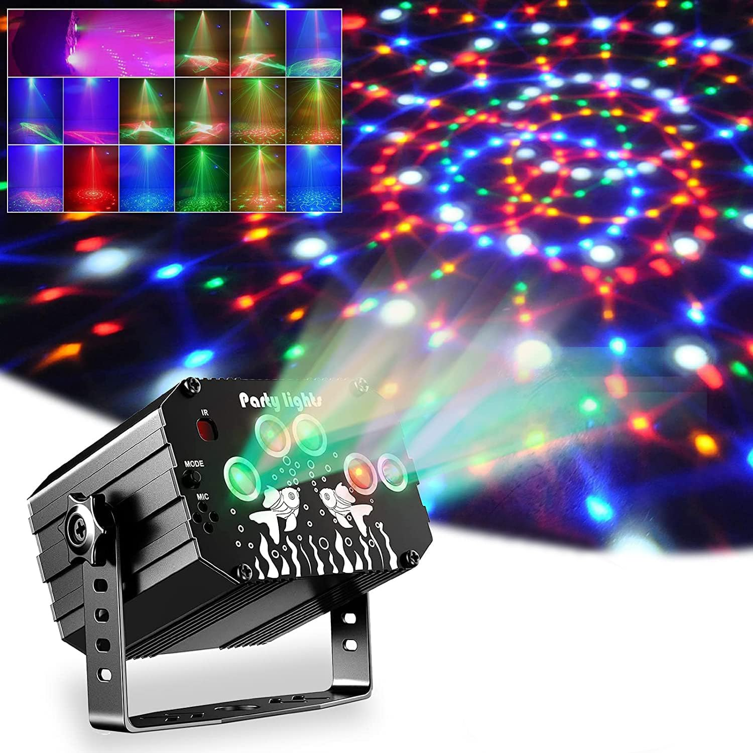 Ein Party-Lichtprojektor, der verschiedene Farben und Muster anzeigt. Verschiedene Lichtmuster sind abgebildet.
