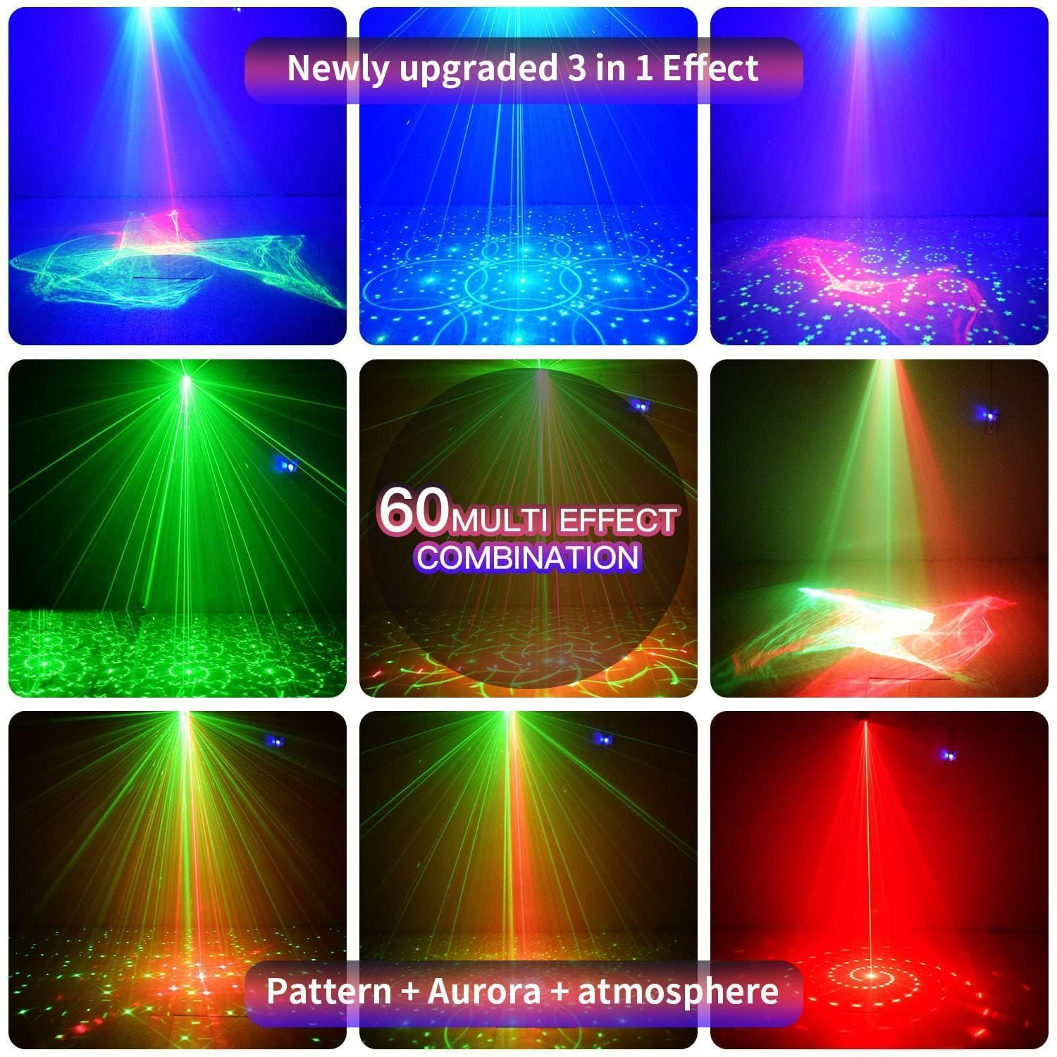 Bild von bunten Bühnenbeleuchtungseffekten: Muster, Aurora und Atmosphäre, mit einer 60-fach-Effekt-Kombination.
