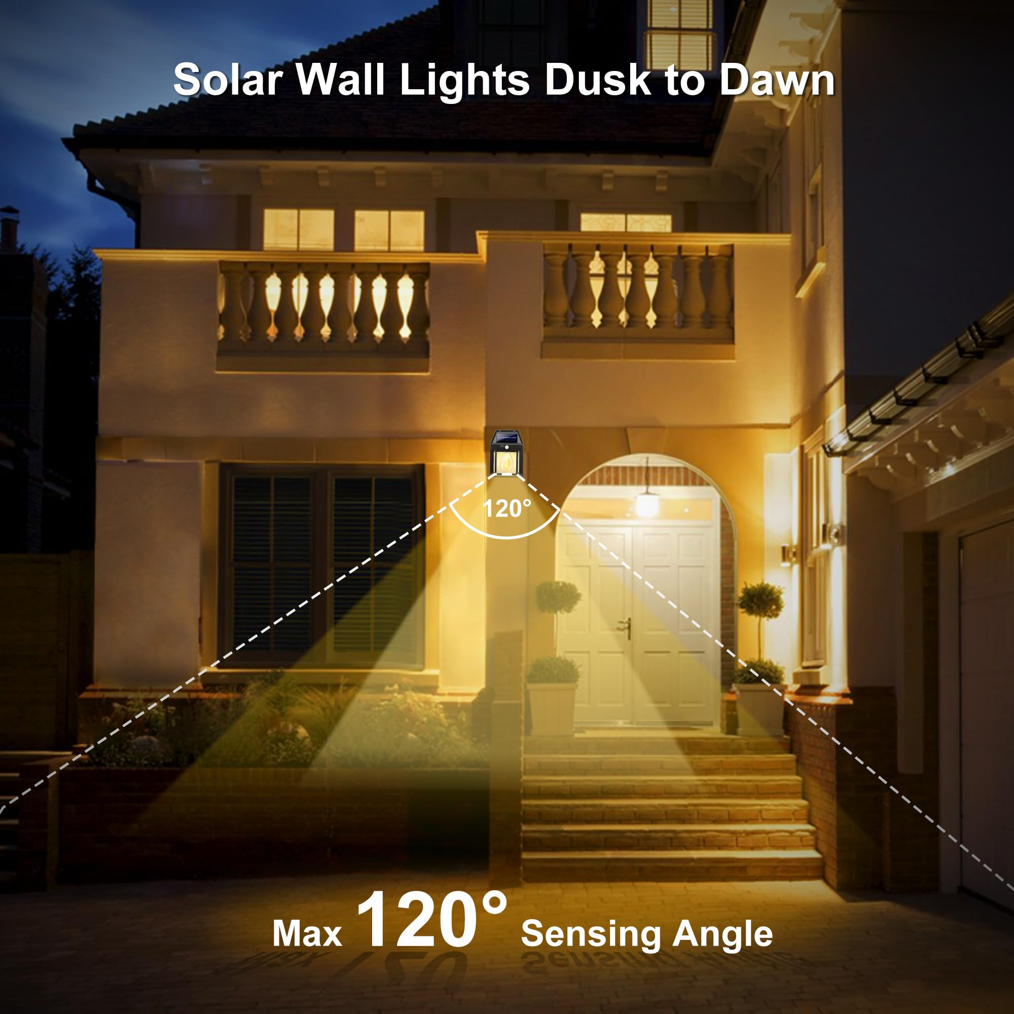 Solar-Wandleuchte an einem Haus. Das Licht beleuchtet den Eingang. Der Erfassungswinkel beträgt 120 Grad.